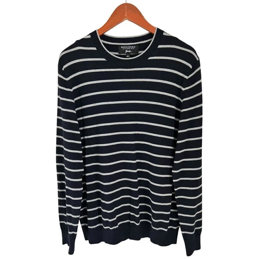 Banana Republic Baruffa Sweater Italian Merino Blue White Stripe - Large